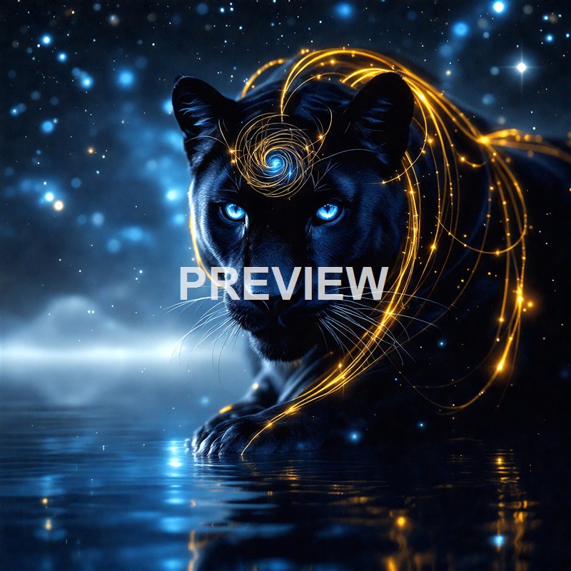 A black panther with piercing blue eyes is surrounded by glowing golden and blue light trails in a starry, cosmic background, creating a mystical and energetic scene.